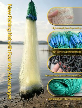 Picture of Premium Yellow Nylon Monofilament Fishing Gill Net – 3-Layer Strong Mesh with Olive Floats & Rope-Wrapped Sinkers,High Buoyancy,Anti-Tangle,Heavy-Duty Cast Net for Freshwater & Saltwater