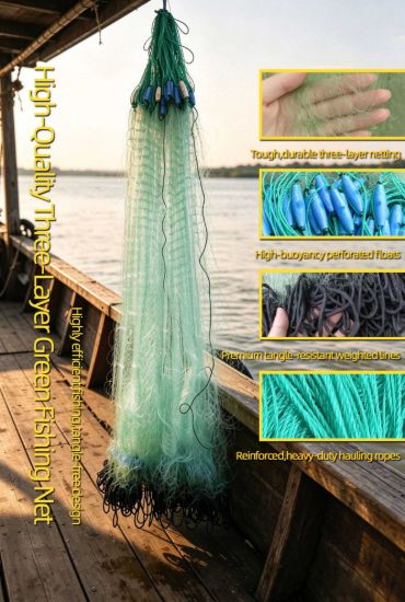 Picture of 3-Layer Heavy-Duty Green Fish Net with High-Buoyancy Olive Perforated Floats & Integrated Weighted Rope Sinkers — Strong,Tangle-Free & Fast-Sinking for River,Lake,Pond and Sea