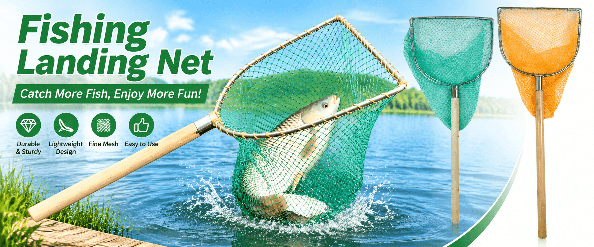 Wooden handle fishing landing net with fine nylon mesh, resting on calm lake water at dawn, essential tool for safe fish landing